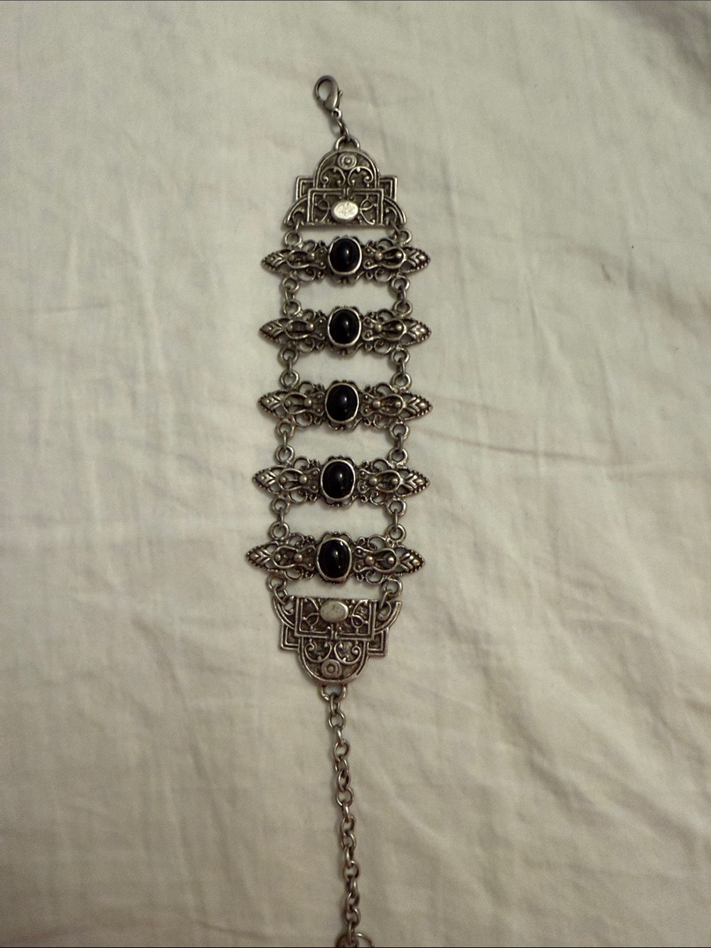 Vintage-Inspired Silver Tone Bracelet with Black Cabochons